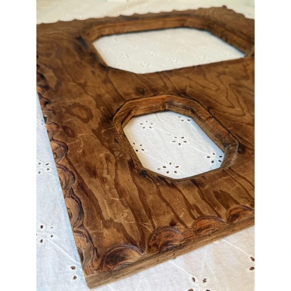 Vtg Tramp Art Style Triple Opening Wooden Picture Frame Carved Folk 19.5